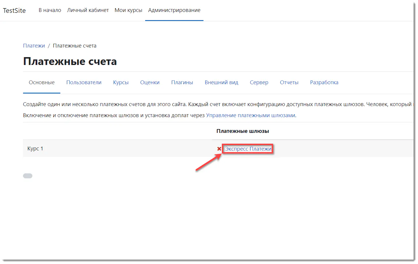 Вход в настройку платежного шлюза для выбранного счета